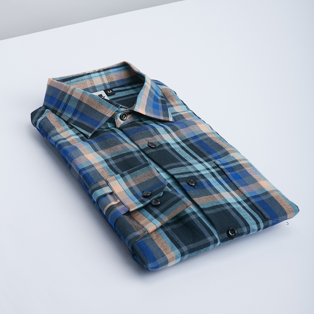 橘藍彩格紋襯衫-想撞衫都難的橘藍格子襯衫