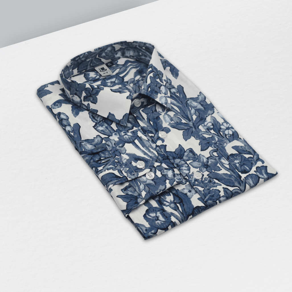 水墨畫藍花白襯衫
